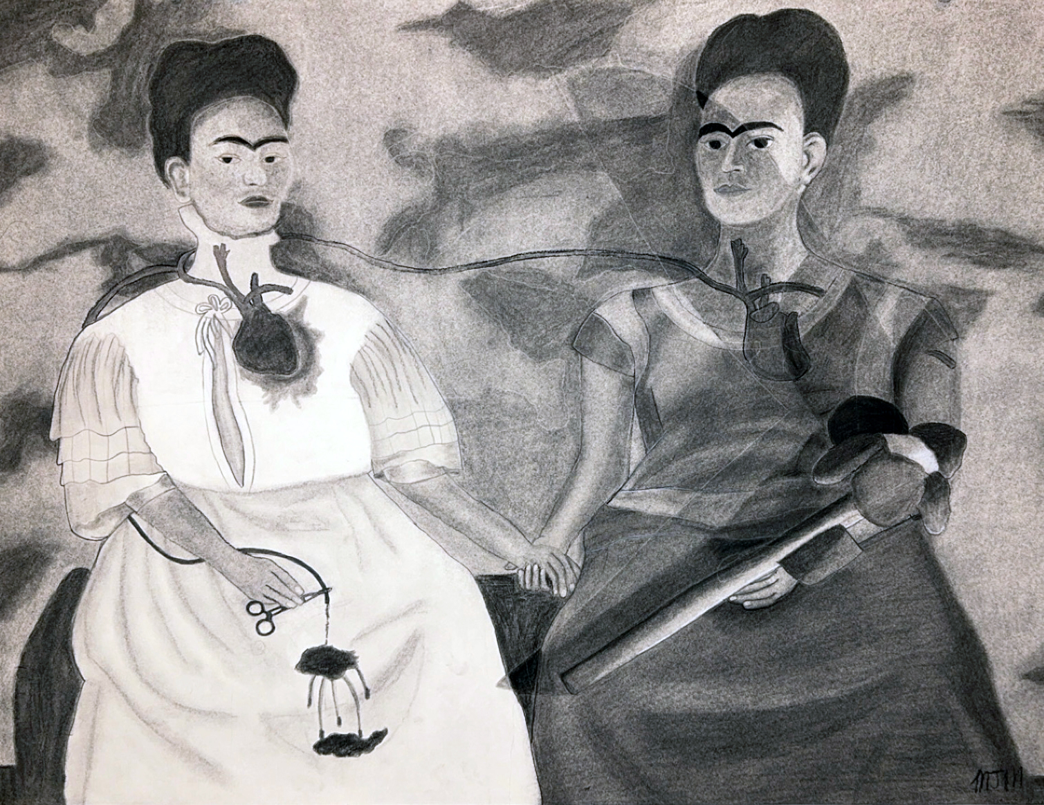 The Two Fridas ft. Flower, charcoal on paper, 15