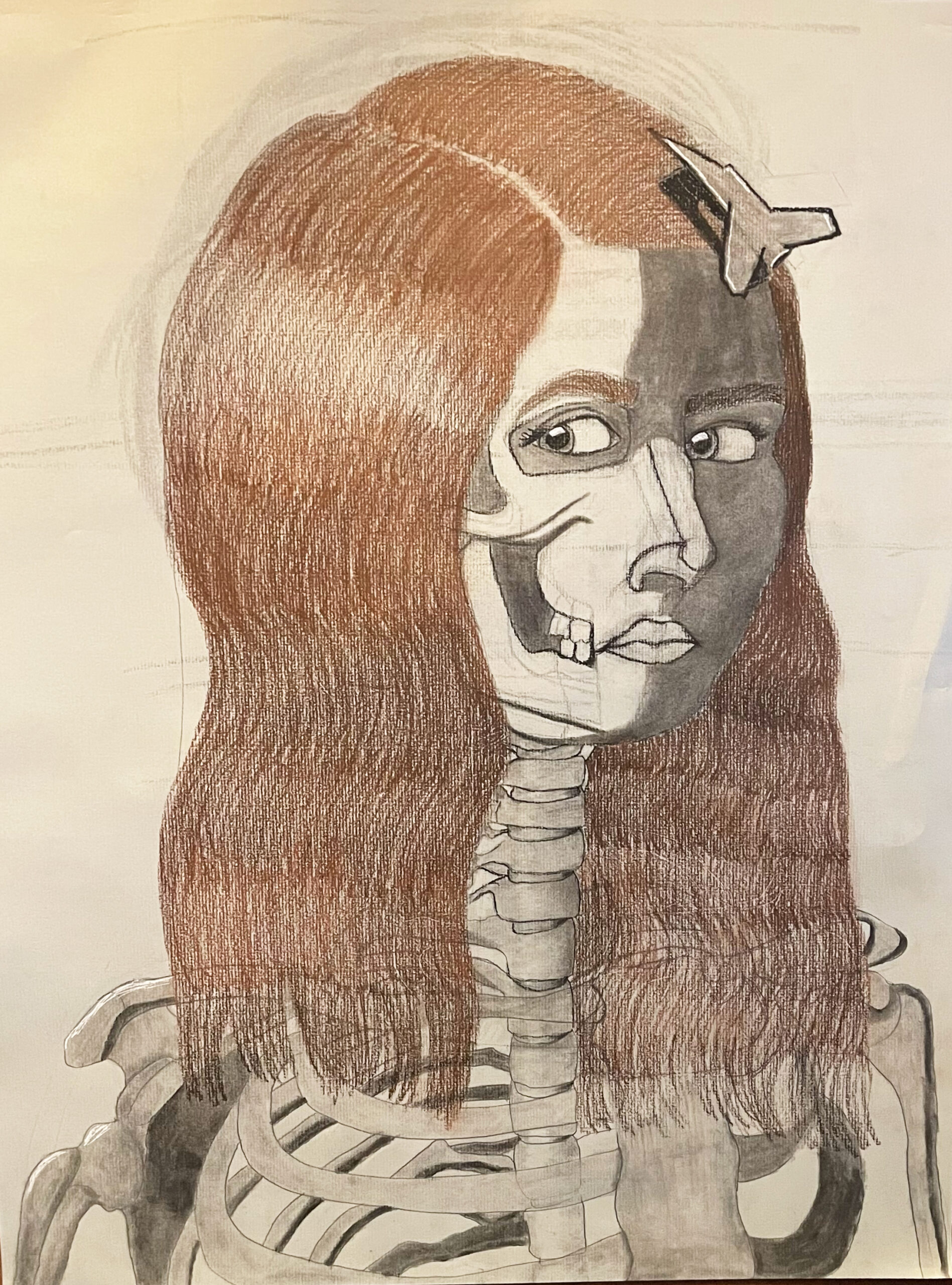 Skeleton Self Portrait, charcoal on paper, 22